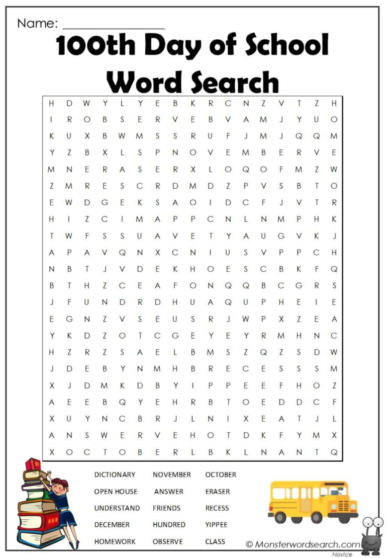 100th Day Of School Word Search Printable: A Fun and Educational Activity