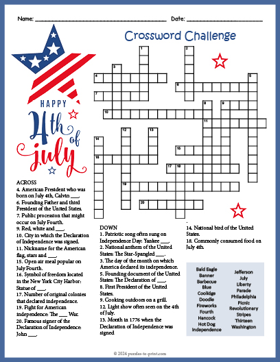 4th Of July Crossword Puzzle Printable: A Patriotic Brainteaser for Independence Day