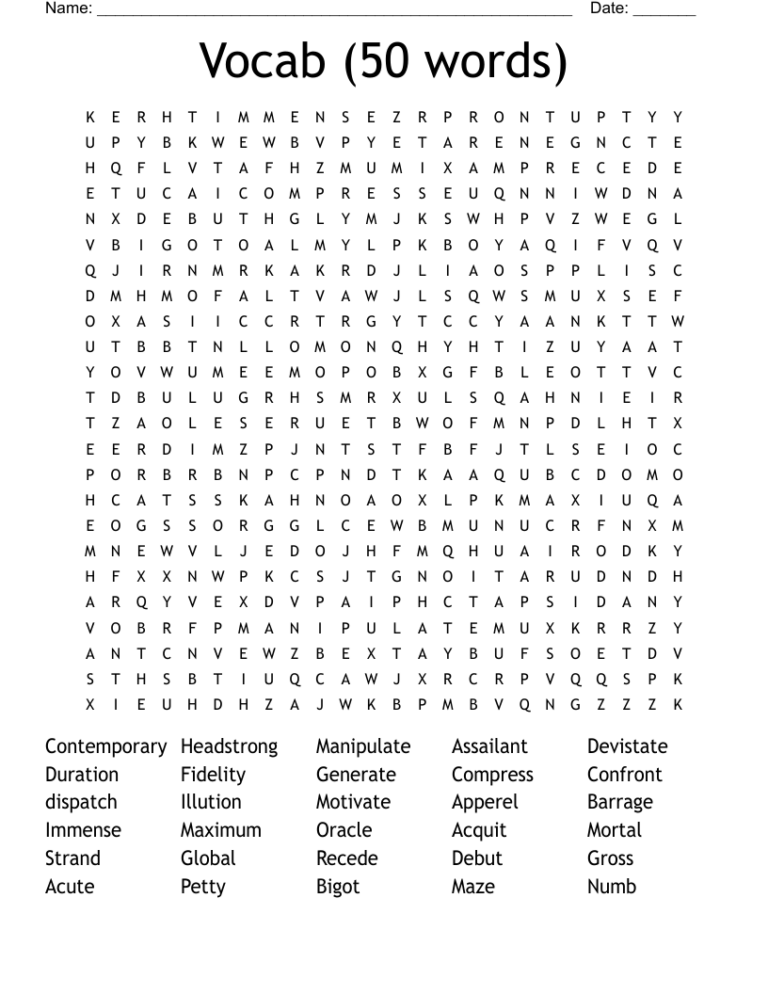 50 Word Word Search Printable: Enhance Vocabulary, Cognitive Skills, and Fun