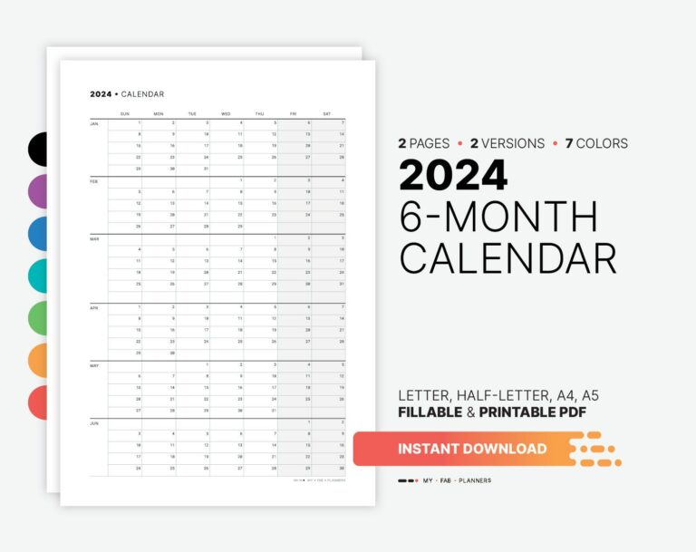 6 Month Calendar 2024 Printable: Your Guide to Enhanced Organization and Productivity