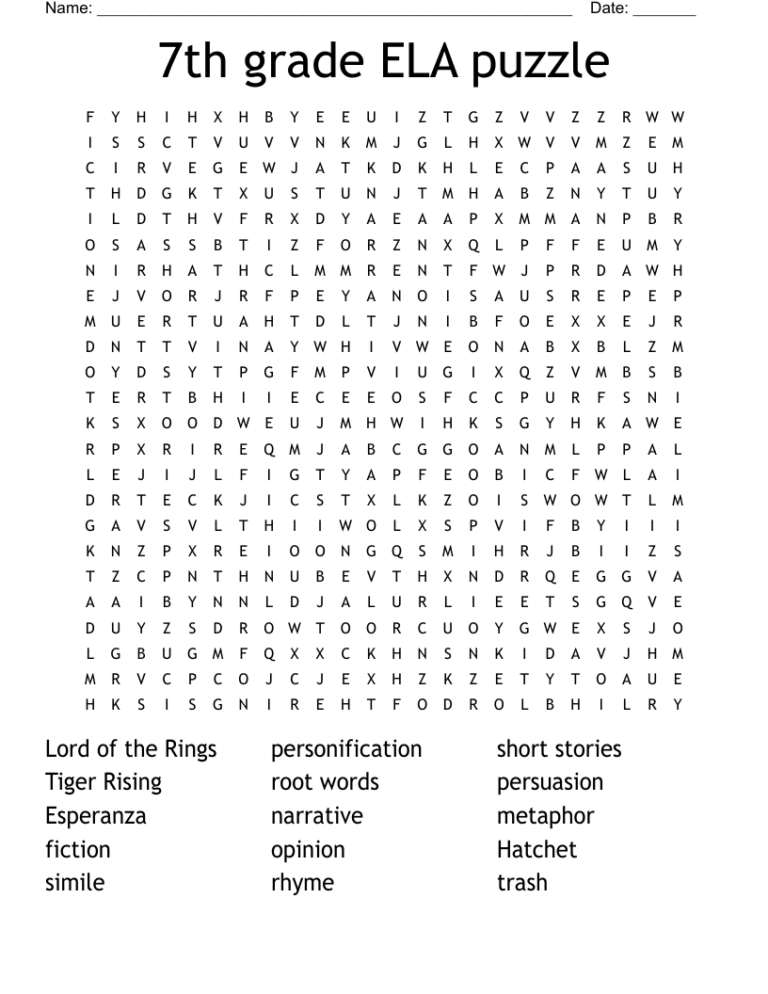 7th Grade ELA Word Search Printable: A Comprehensive Guide