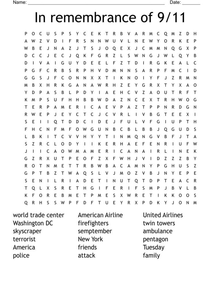 9/11 Word Search Printable: A Meaningful Resource for Education and Remembrance