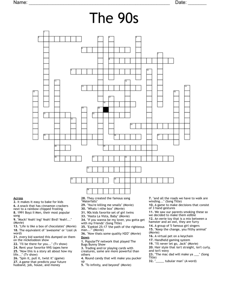 90s Crossword Puzzle Printable: A Nostalgic Journey Through the Past