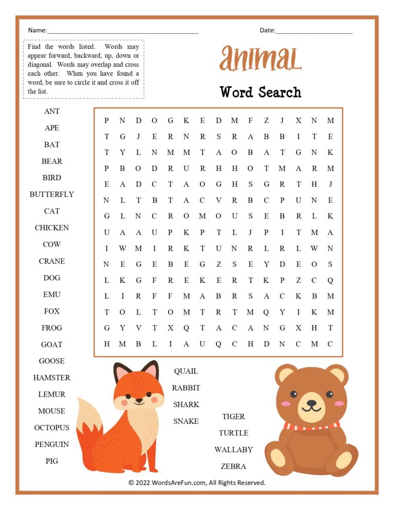 Animal Printable Word Search: Engage in Educational Fun