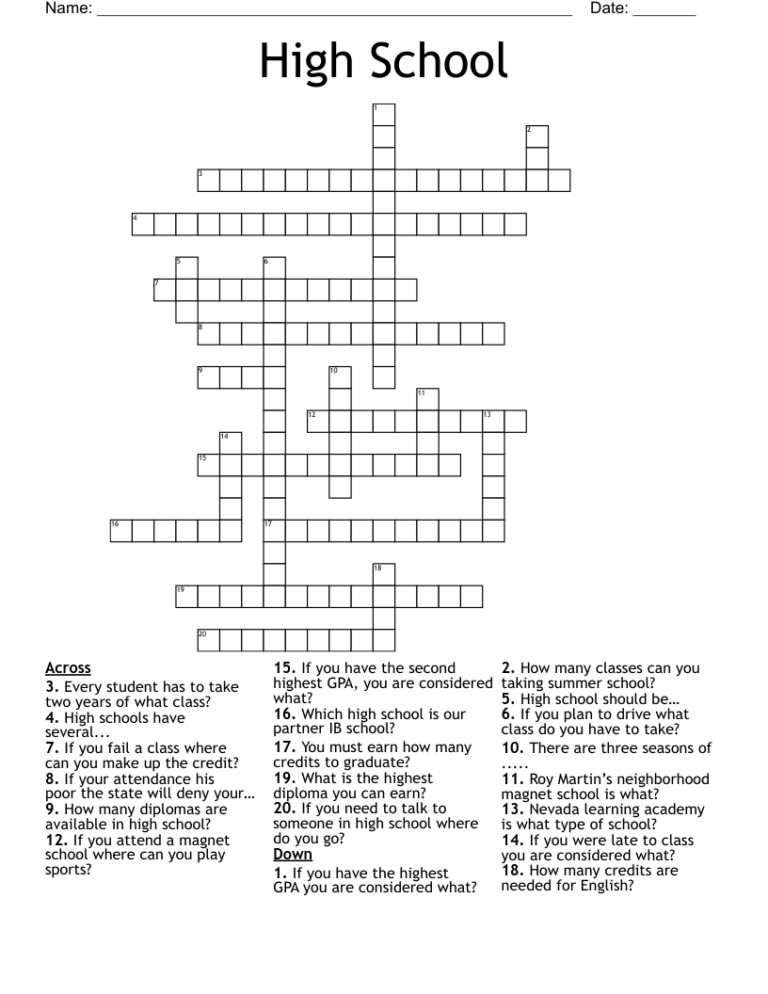 Crossword Puzzles For High School Students: Printable and Educational