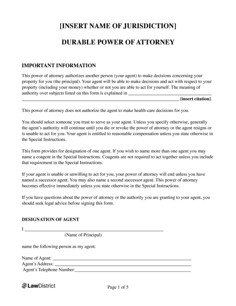 Durable Power of Attorney Printable Form: Protect Your Interests and Empower Your Trusted Agent