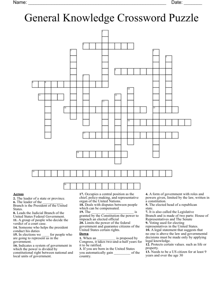 General Knowledge Printable Crossword Puzzles For Adults