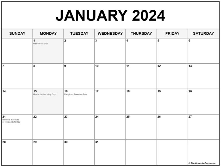 January 2024 Printable Calendar With Holidays