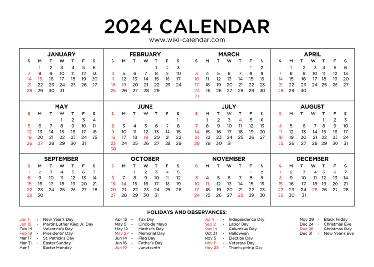 Printable 2024 Calendar With Holidays: Plan Your Year Ahead