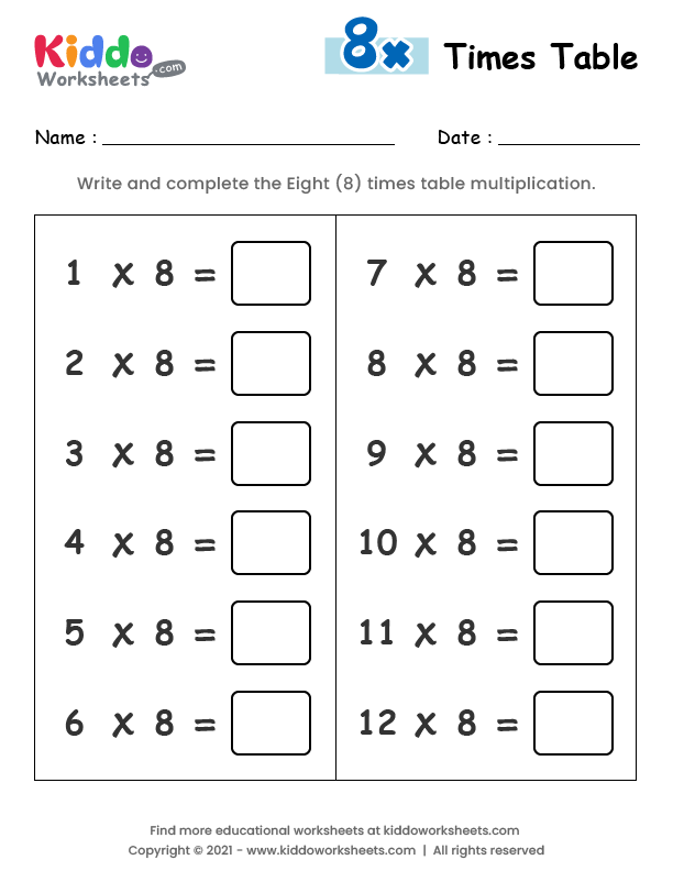 Printable 8 Times Table Worksheet: A Comprehensive Guide to Multiplication Mastery