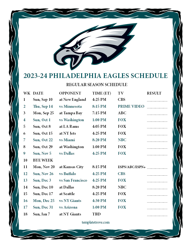 Printable Eagles Schedule 2024: A Comprehensive Guide to the Upcoming Season