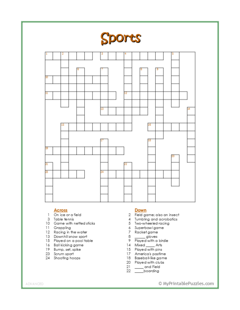 Printable Sports Crossword Puzzles: A Mind-Challenging and Educational Pastime