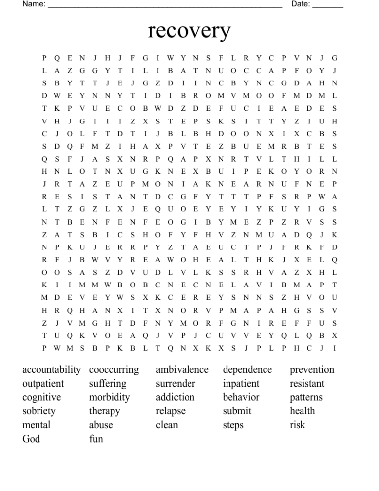 Recovery Word Search Printable: A Therapeutic Tool for Cognitive Recovery