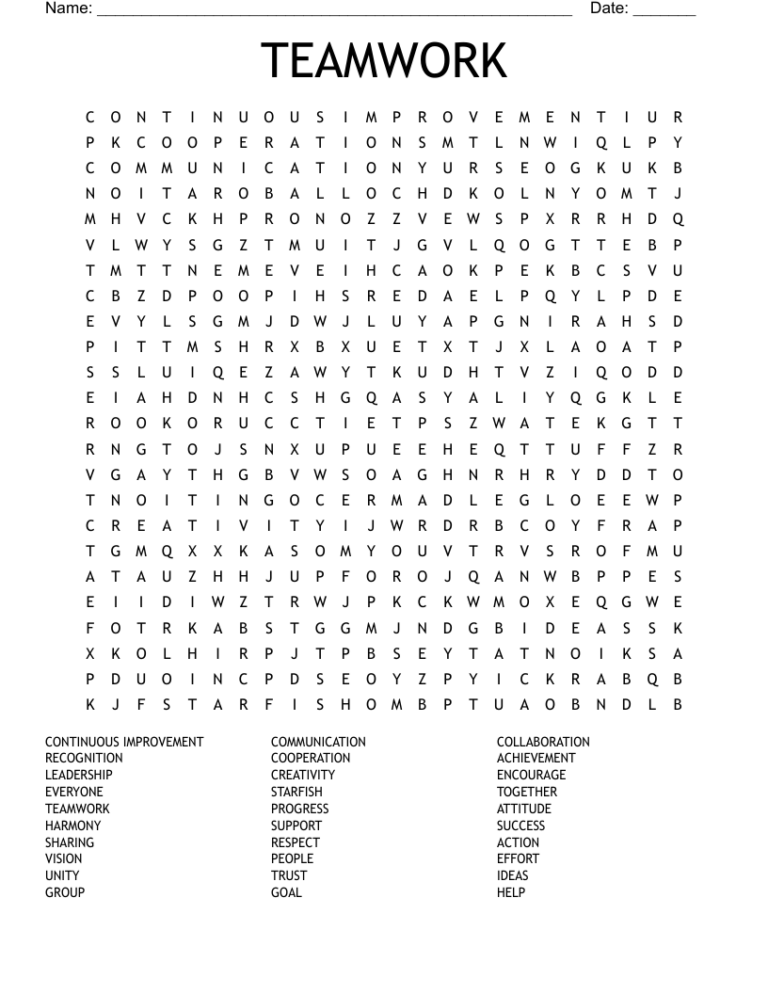 Teamwork Word Search Printable: Enhance Collaboration and Problem-Solving