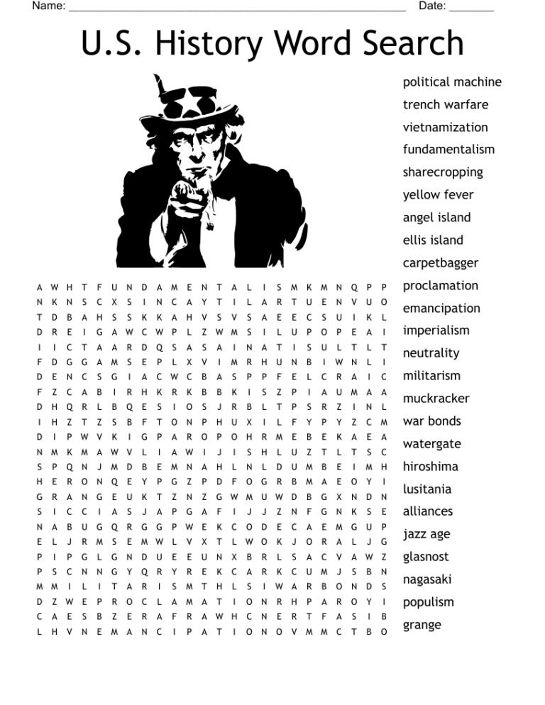 US History Word Search Printable: Engage Students in Learning History