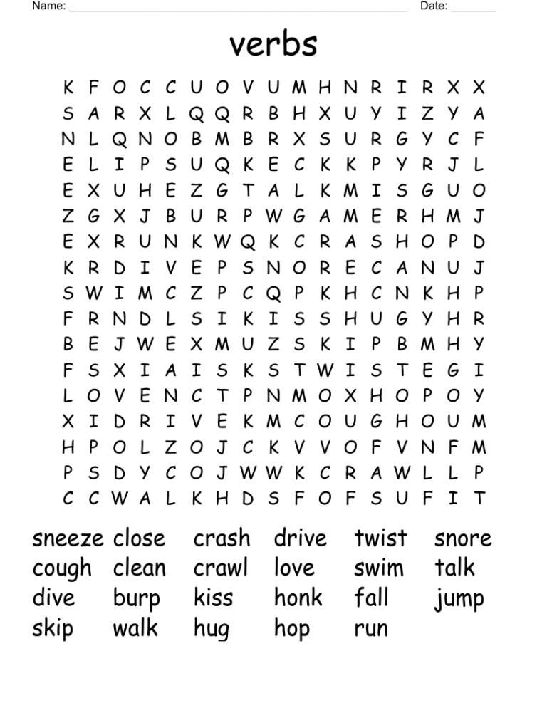 Verb Word Search Printable: Engage Students in Language Learning