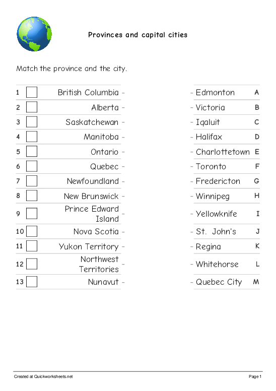 Worksheet Canada Provinces And Capitals Quiz Printable