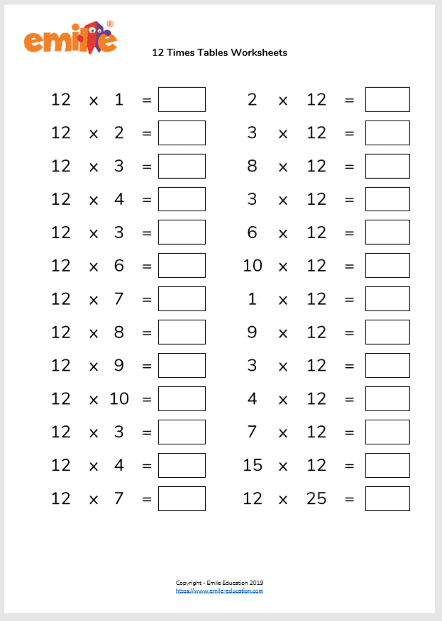 12 Times Table Worksheet Printable