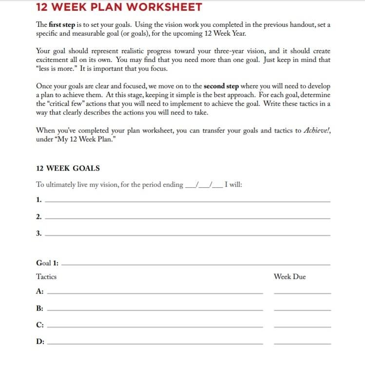 12 Week Year Worksheets