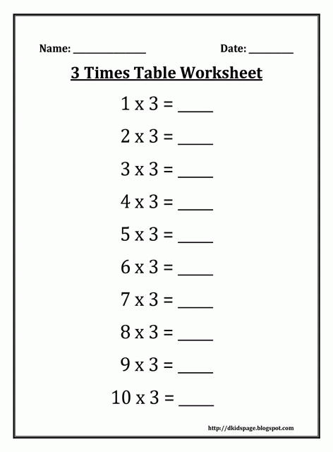 3 Times Table Printable Worksheet