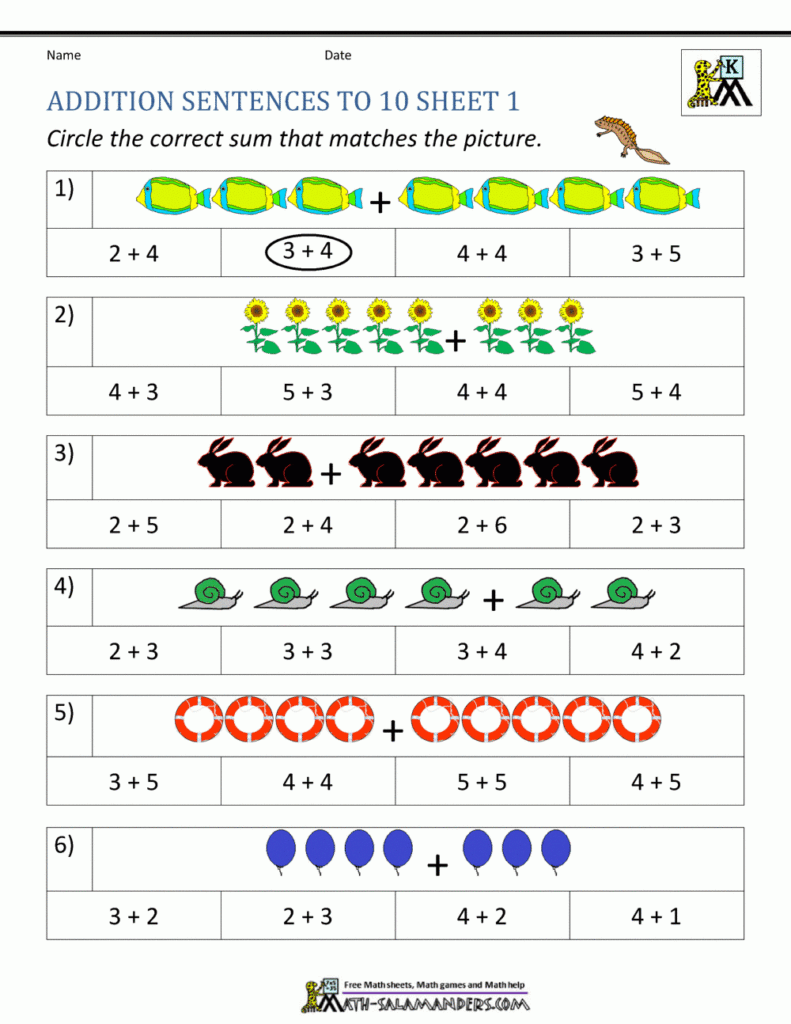 Addition Worksheet Kindergarten Printable