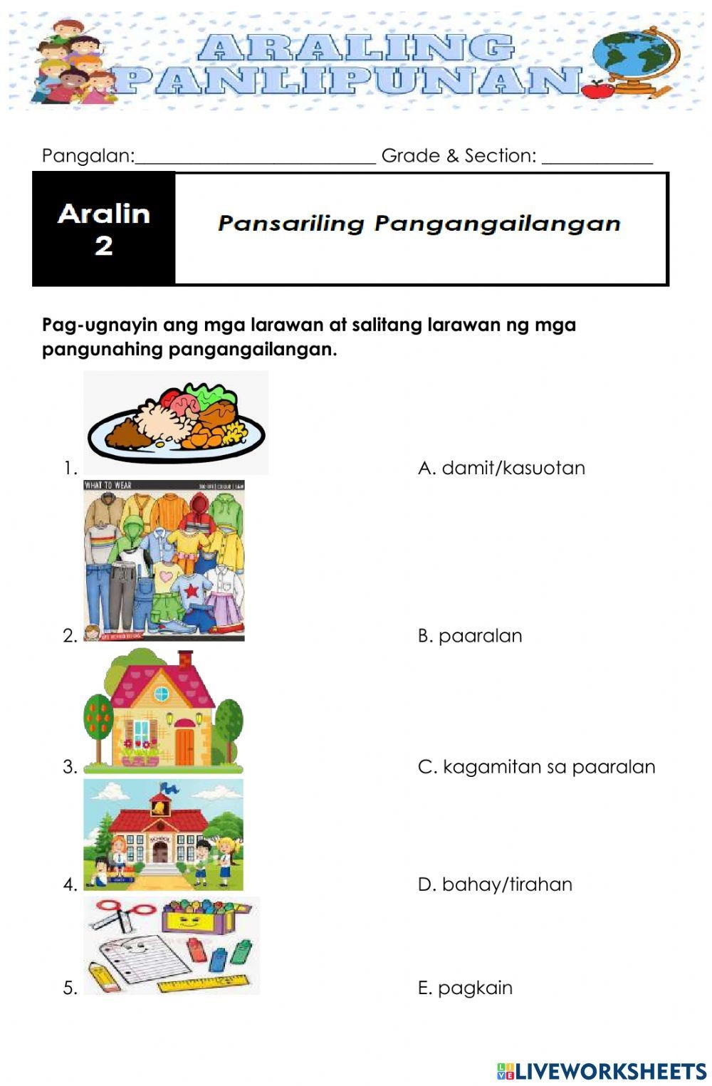 Araling Panlipunan Grade 1 Worksheets Pdf