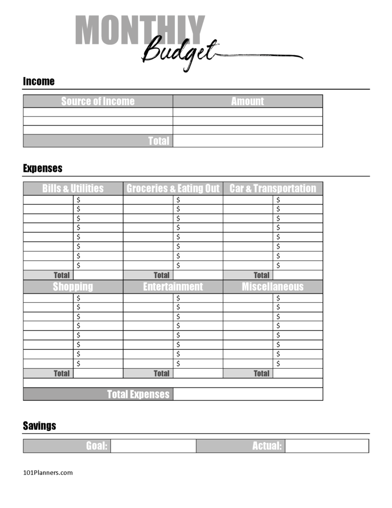 Basic Monthly Budget Template