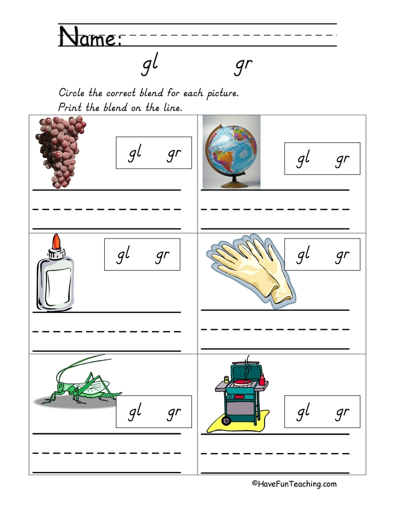 Blends GL GR Worksheet Have Fun Teaching