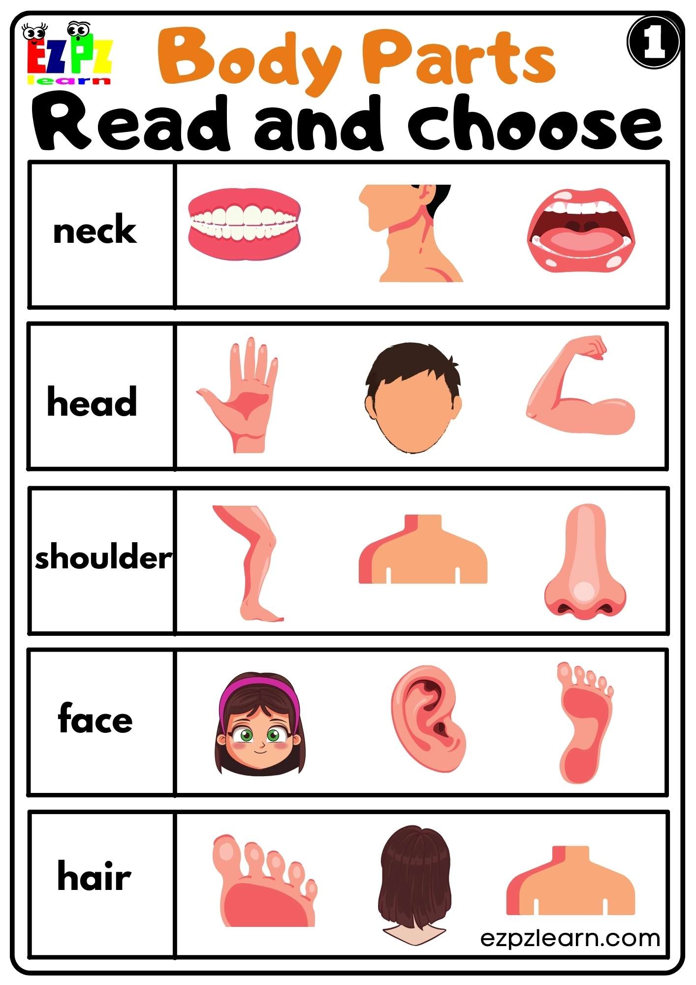 Body Parts Read And Choose Worksheets For Kids And ESL PDF Download Set