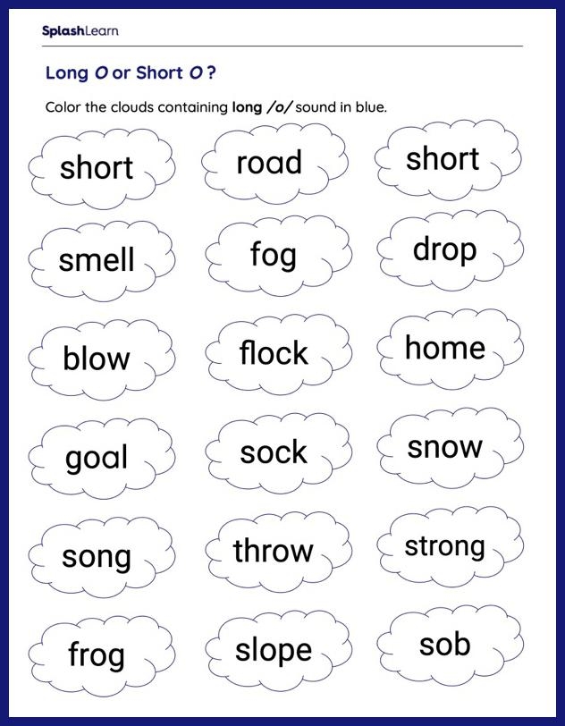 Color The Clouds With Long O Printable Reading Worksheet