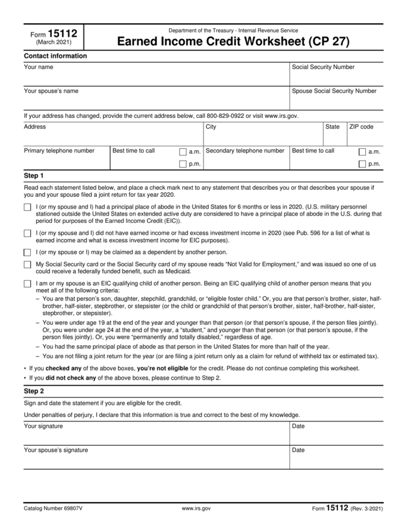 Earned Income Tax Credit Worksheets