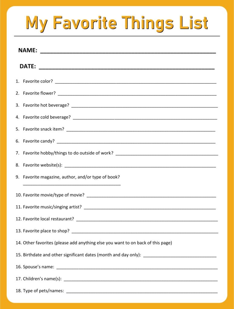 Favorite Things List Worksheet