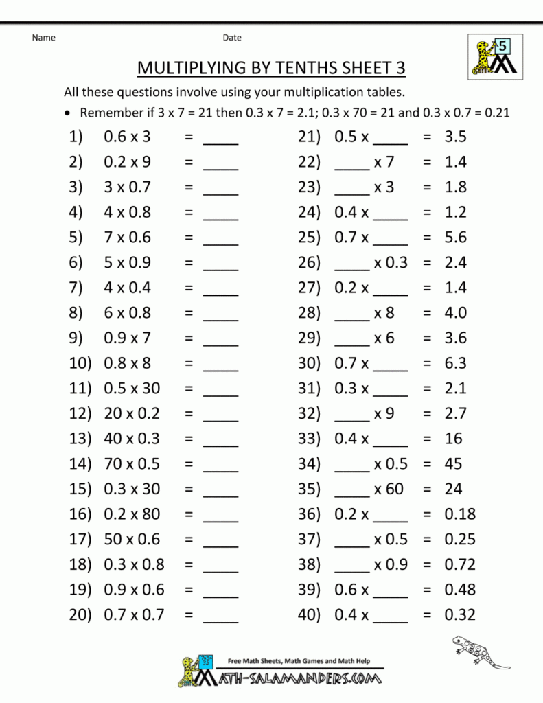 Fifth Grade Math Practice Worksheet Printable Teaching Ideas Fifth 