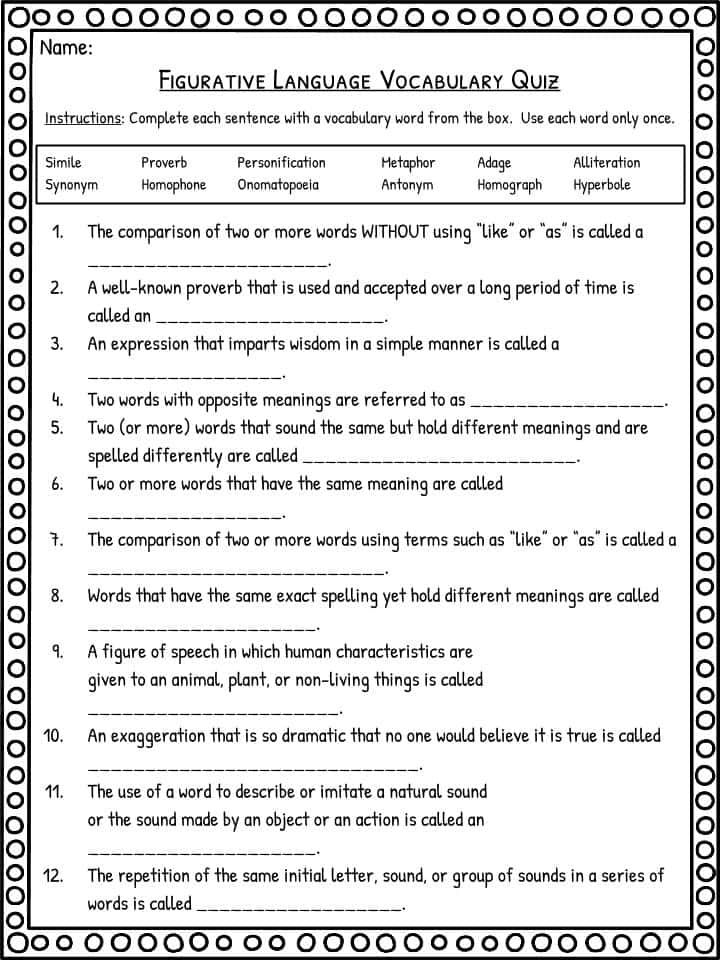 Figurative Language Printable Worksheet