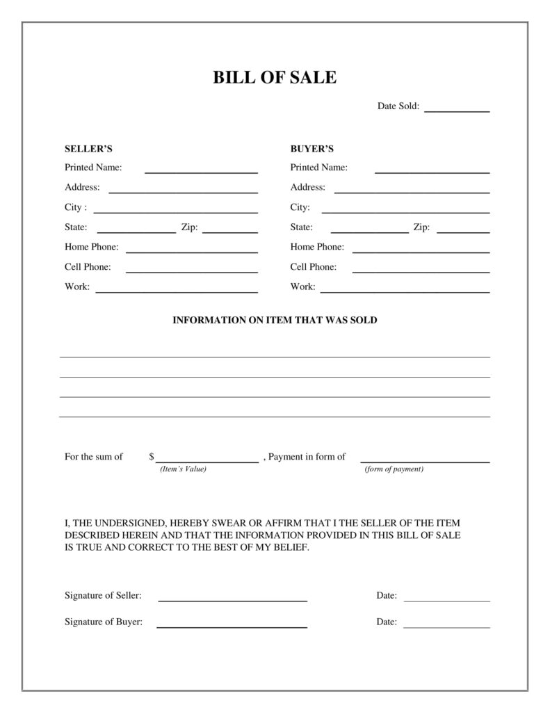 Free Fillable Bill Of Sale Form PDF Templates