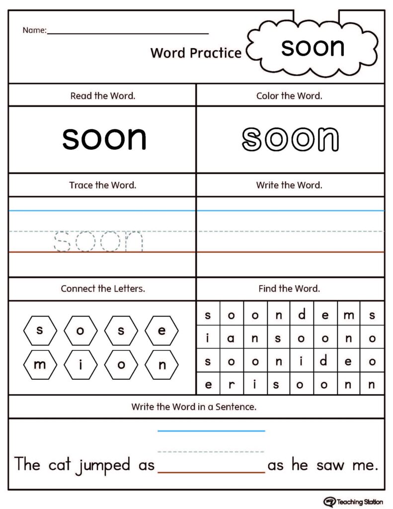  FREE High Frequency Word SOON Printable Worksheet MyTeachingStation