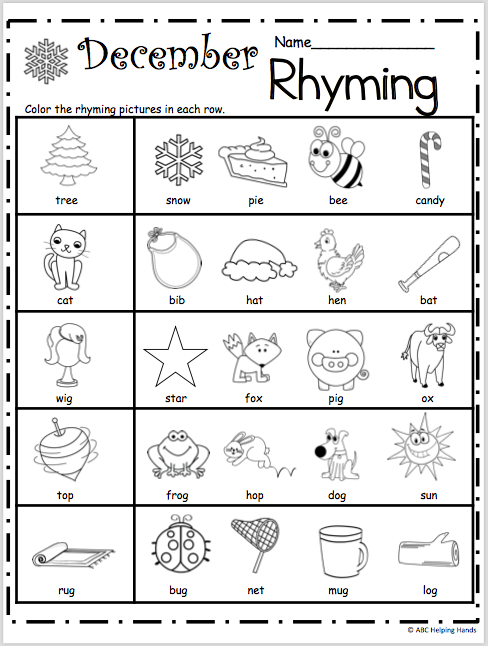 Free Kindergarten Rhyming Worksheets For December Made By Teachers