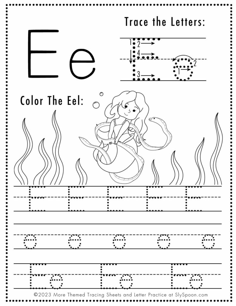 Free Letter E Tracing Worksheet Printable Mermaid Themed Sly Spoon