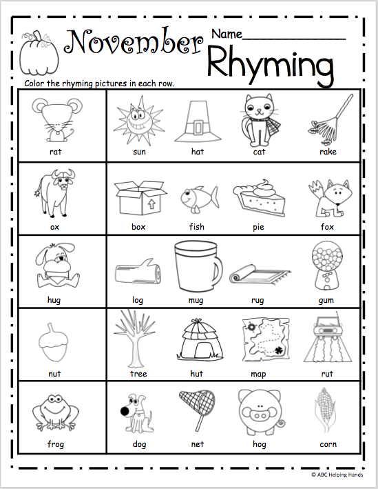 Free November Rhyming Worksheets Made By Teachers