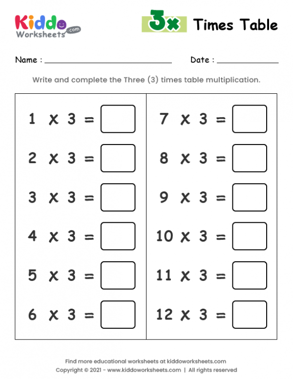 Free Printable 3 Times Table Worksheet Worksheet Kiddoworksheets