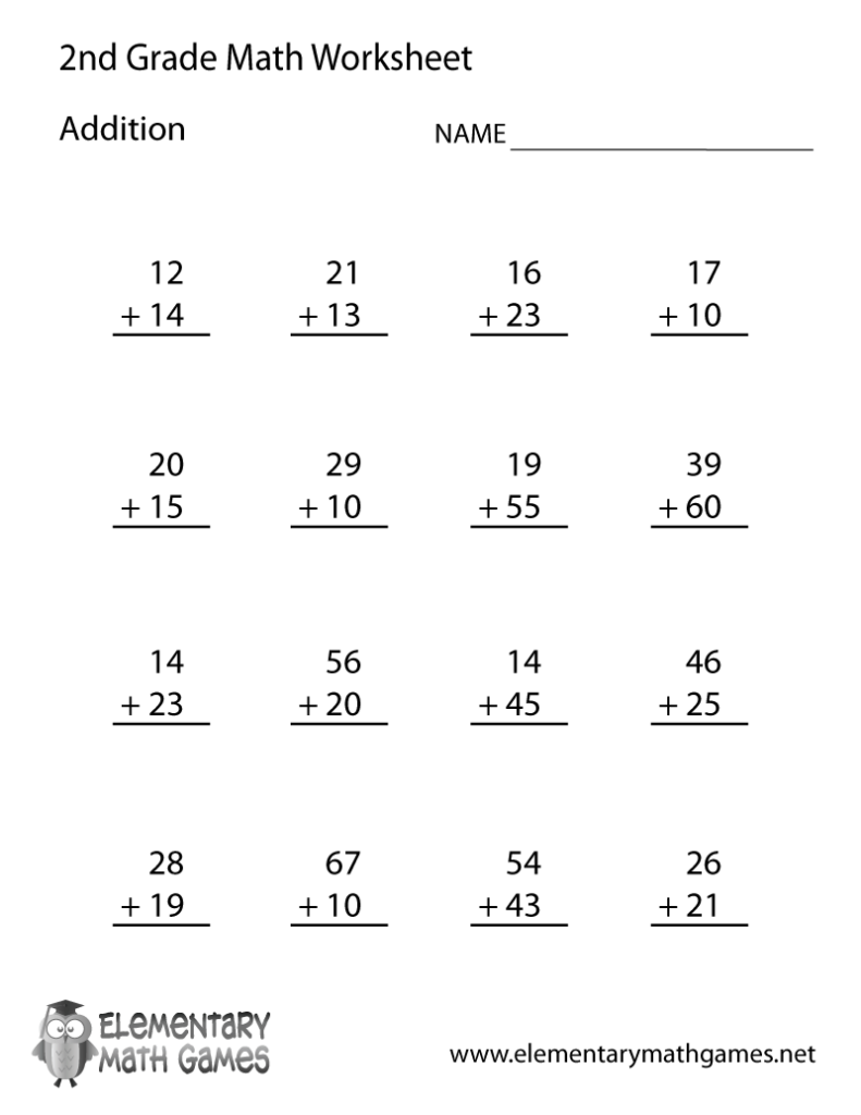 Free Printable Addition Worksheet For Second Grade