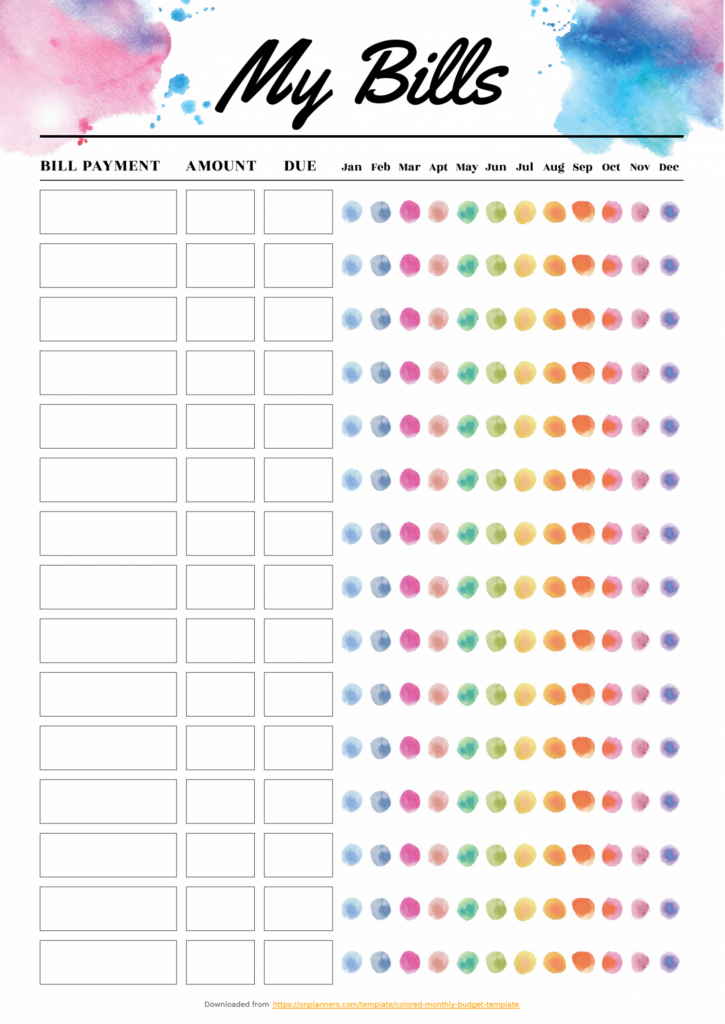 Free Printable Colored Monthly Budget Template PDF Download