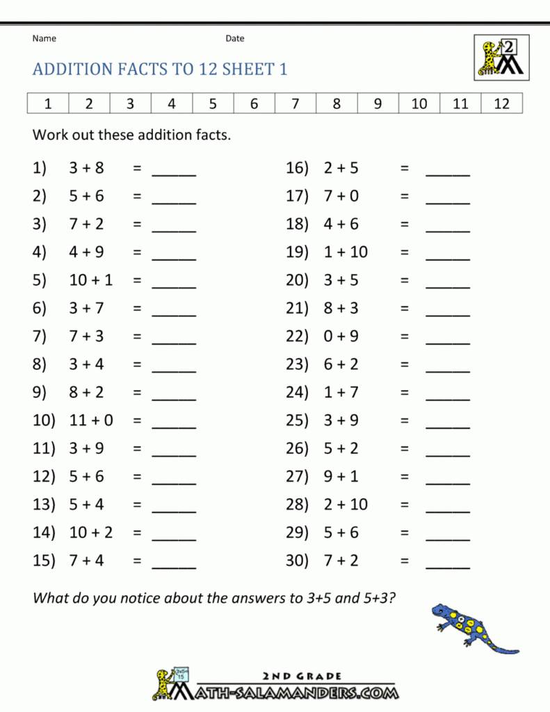 Free Printable Math Facts Worksheet 2nd Grade