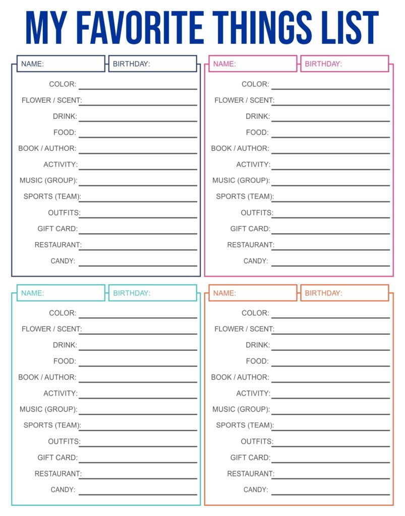 Free Printable My Favorite Things Worksheet