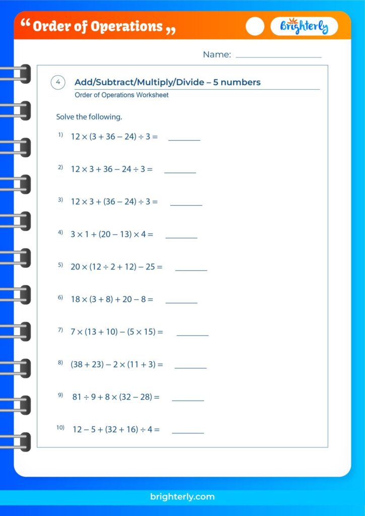 Free Printable Order Of Operations Worksheets PDFs Brighterly