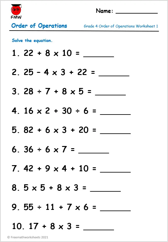 Free Printable Order Of Operations Worksheets