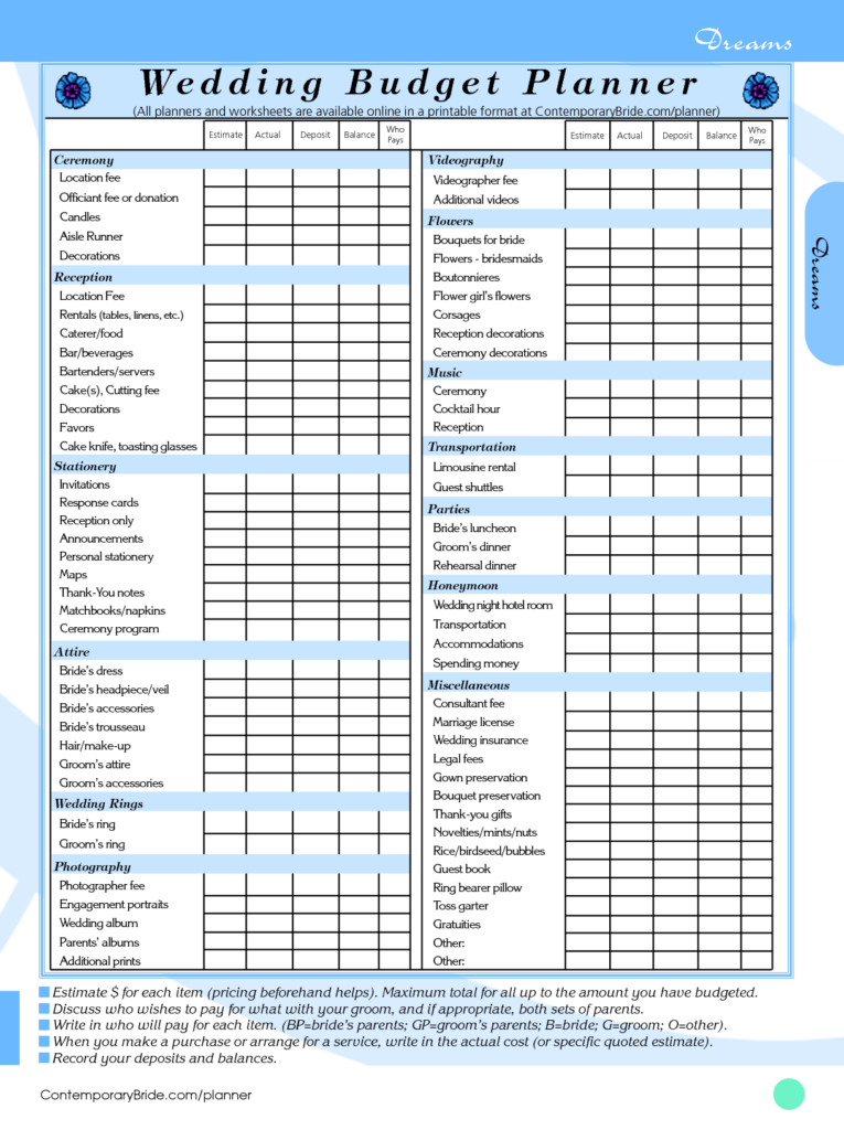 Free Printable Wedding Planner Worksheets