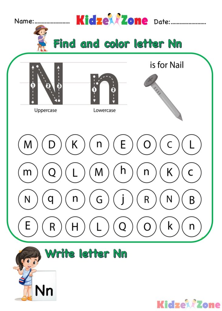 Kindergarten Letter N Worksheets Find And Color KidzeZone