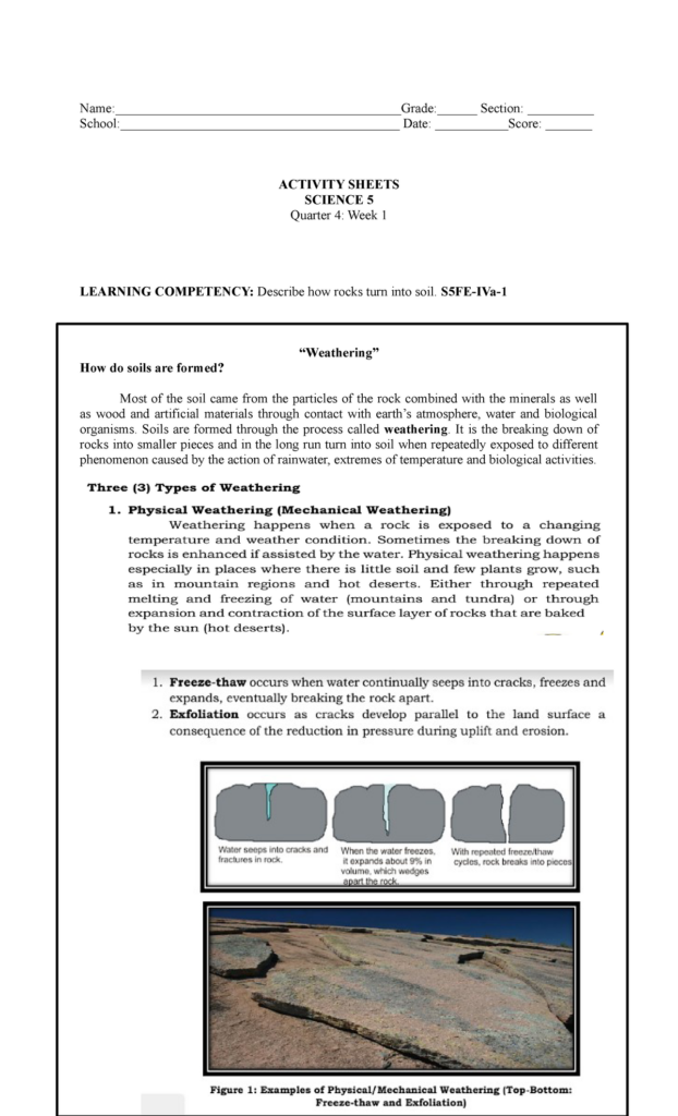 LAS Science 5 Q4 WEEK1 LEARNING ACTIVITY SHEET Name Grade Section 