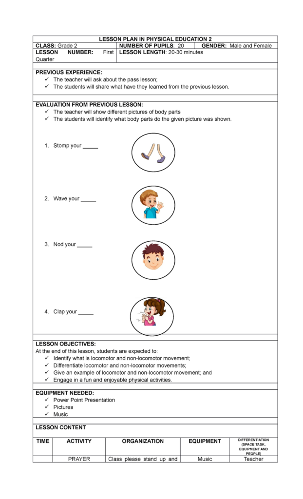 Lesson Plan In Physical Education Grade 2 LESSON PLAN IN PHYSICAL 